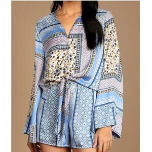 GUC Lulu's Mykonos Blue Paisley Print Tie-Front Blouse